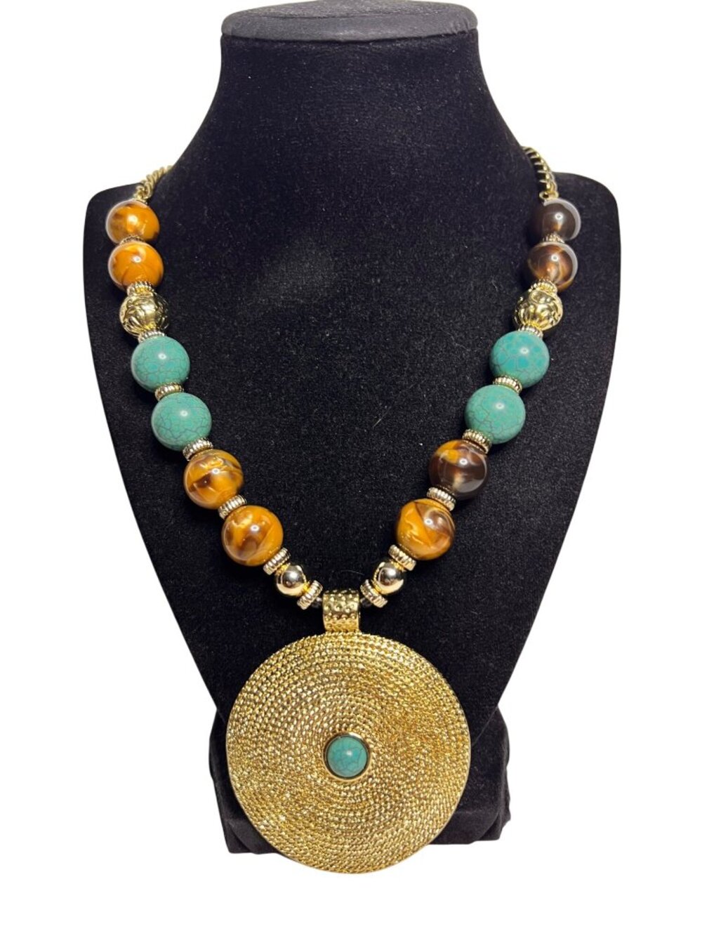 Erica Lyons Gold Tone Faux Turquois and Brown Bead Statement Necklace (6312)